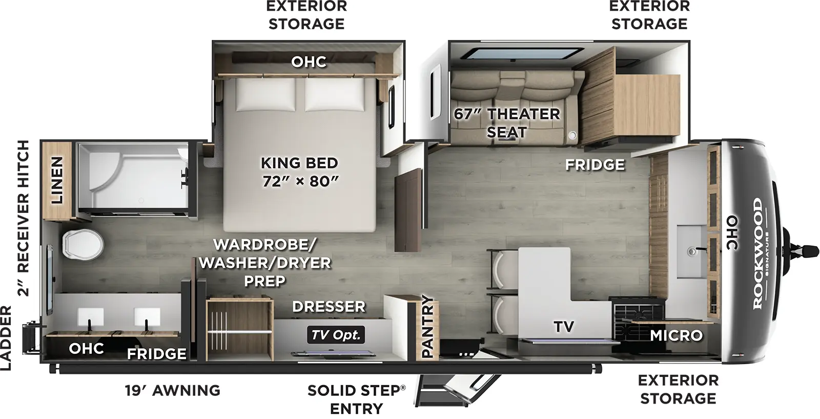 The Rockwood Signature Travel Trailers 8263MBR floorplan has one entry and two slide outs. Exterior features include: fiberglass exterior and 19' awning. Interiors features include: front kitchen and rear bathroom.